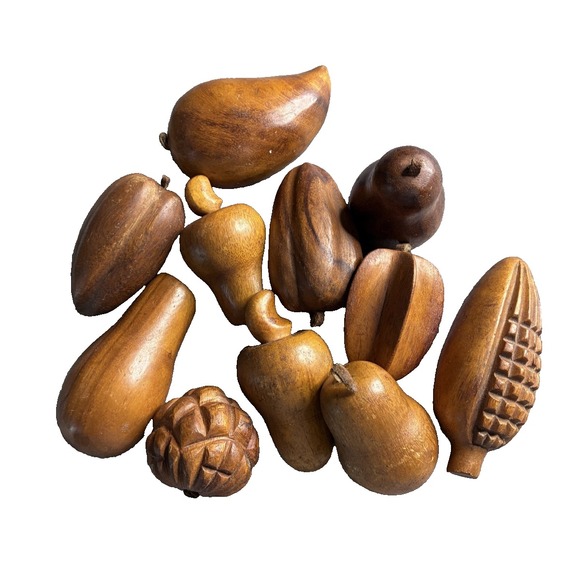 Vintage 11 Piece Set of Hand Made Wooden Fruit Monkey Pod - Picture 8 of 8